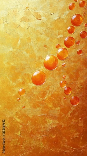 Bubbles rising in a vibrant orange and yellow liquid against a textured backg...