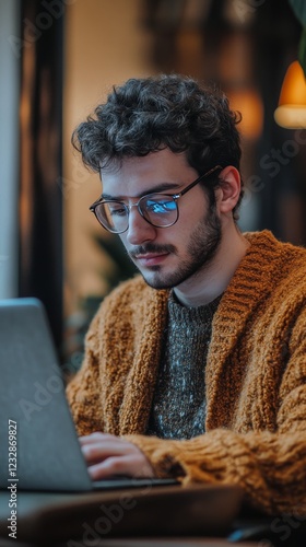 Young man working on laptop in cozy indoor space during daylight hours
