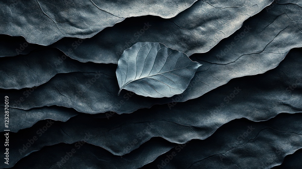 Single leaf atop textured dark leaves, nature backdrop, design element Single leaf atop textured dark leaves, nature backdrop, design element