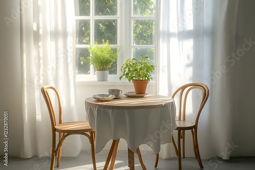 Inviting Minimalistic Dining Nook with Natural Light and Soft Hues - Generative AI