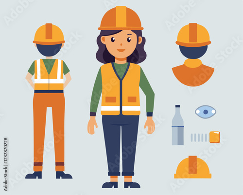 Woman construction engineer in helmet, vest, uniform. Character constructor for animation. Front, side and back view set. Body parts, postures, poses collection. Vector illustration