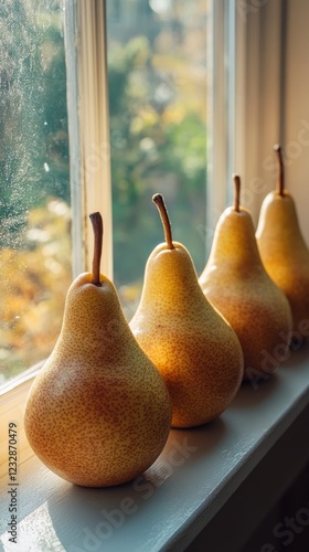 Fresh pears lined up on a windowsill catching warm sunlight in a rustic kitchen