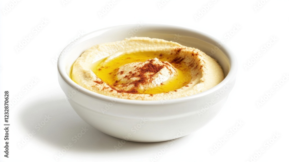 A simple bowl of plain hummus with a drizzle of olive oil and a sprinkle of paprika, served in a minimalist white ceramic bowl, Hummus centered A simple bowl of plain hummus with a drizzle of olive oil and a sprinkle of paprika, served in a minimalist white ceramic bowl, Hummus centered