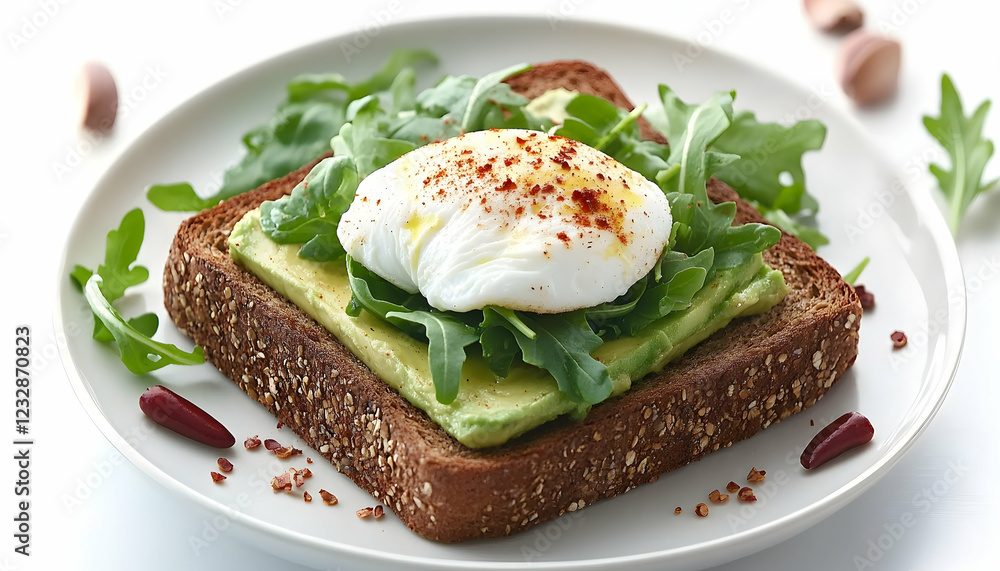 Photo - Avocado Toast with Poached Egg and Arugula, Healthy Breakfast Photo - Avocado Toast with Poached Egg and Arugula, Healthy Breakfast