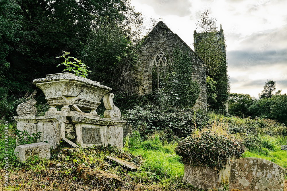 Tintern, Wye Valley, Monmouthshire, Wales, UK. Ruins of the Church of St. Mary the Virgin on Chapel Hill above Tintern Abbey