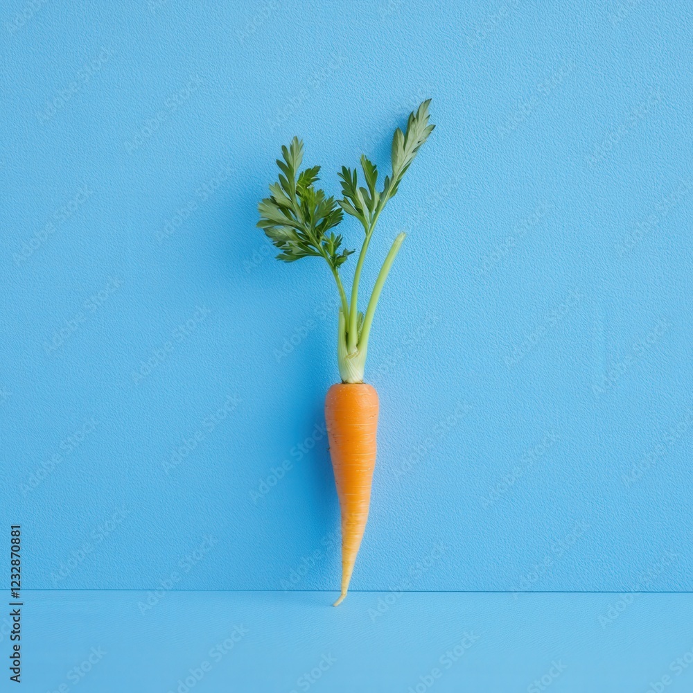 single fresh carrot with green leaves on a vibrant blue background single fresh carrot with green leaves on a vibrant blue background