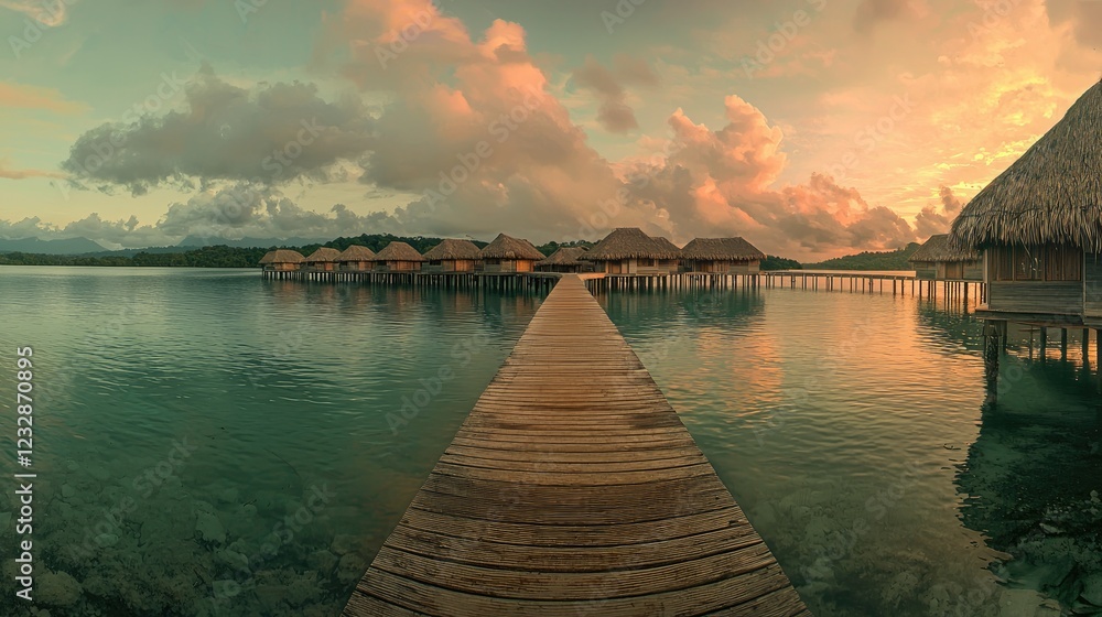 Fototapeta premium Sunset Serenity with Overwater Bungalows at Dawn