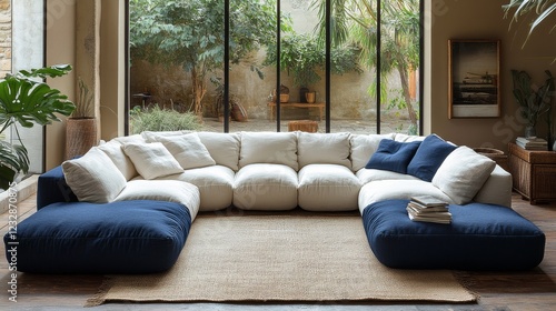 Comfortable sectional couch in modern living room with soft cushions and cozy...