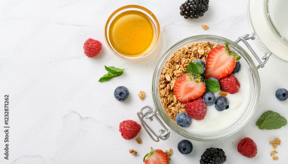 Healthy breakfast parfait with yogurt, granola, berries, and honey. Healthy breakfast parfait with yogurt, granola, berries, and honey.