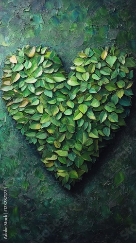 Heart shape created from vibrant green leaves on an abstract textured background