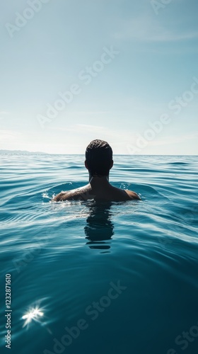 Calm swimmer enjoying the serene blue waters under a clear sky at midday