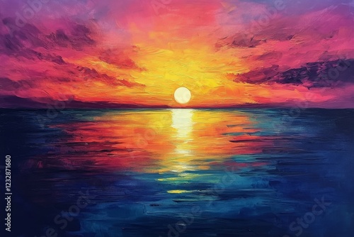 Colorful sunset over calm waters with vibrant reflections in the sky