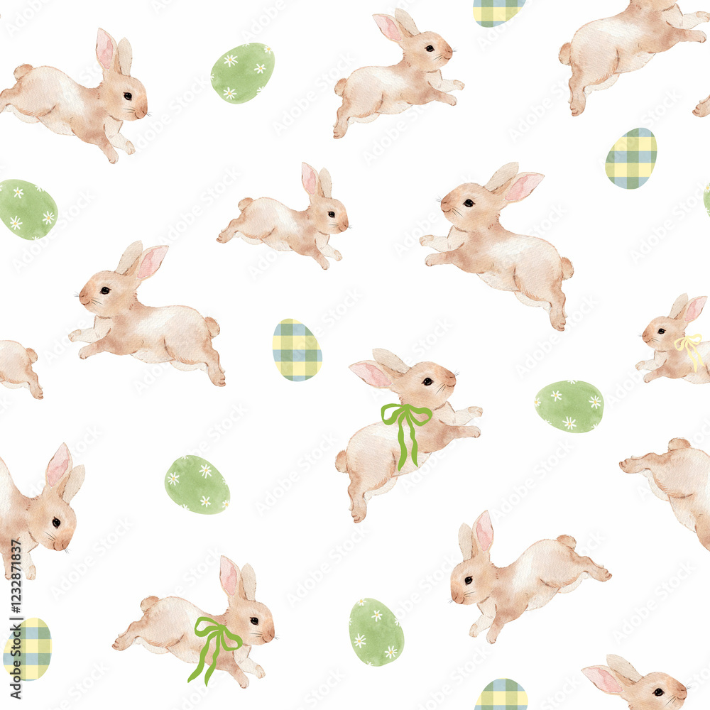Fototapeta premium Baby rabbit pattern in beige adorned with Easter eggs and ribbon bows. This cute spring and Easter bunny surface design features adorable watercolor hand-drawn rabbits.