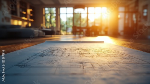 Blueprint on wooden table with warm sunlight illuminating a creative workspace