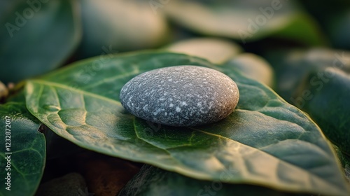 Elegant black stones and a fresh green leaf with water droplets showcasing na...
