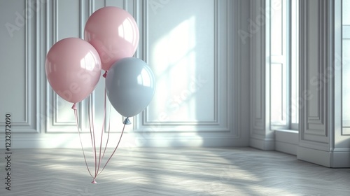 Colorful balloons in a bright, minimalistic interior setting during daylight ...