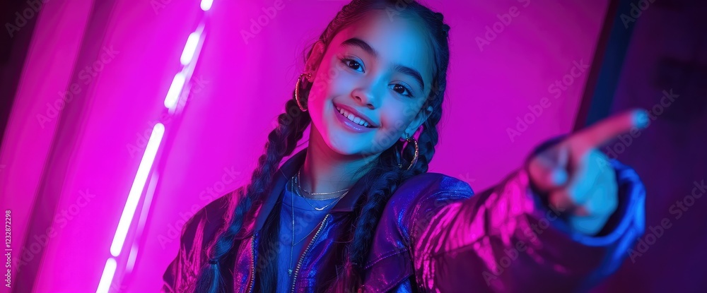 Girl points, neon lights, fun, studio backdrop, social media Girl points, neon lights, fun, studio backdrop, social media