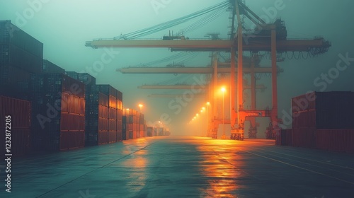 Misty harbor environment with illuminated cranes and shipping containers at n...