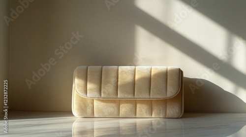 Stylish beige clutch resting on a marble table with soft shadows in natural l...