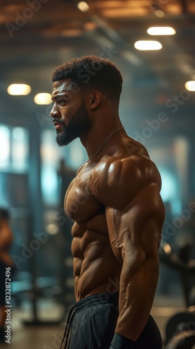 Bodybuilder performs bicep curl exercise in modern gym setting during afterno...
