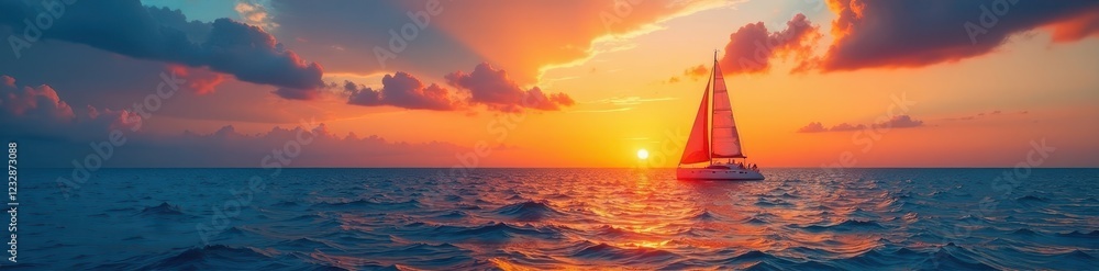 Fototapeta premium Blue ocean sunset, orange sailboat silhouette, summer, boat
