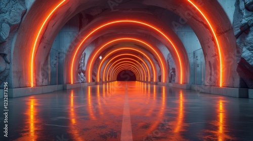 A breathtaking neon tunnel is beautifully illuminated by vibrant orange lights and mesmerizing reflective surfaces