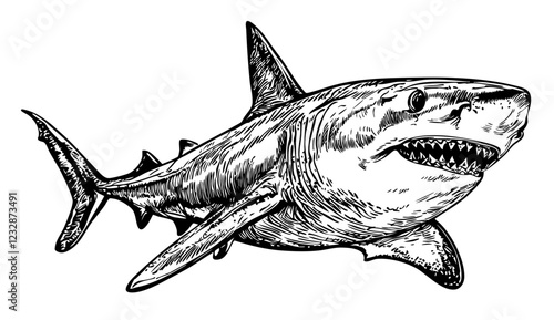 Timeless Shark Silhouette Capturing Nature in Black and White, Transparent Background, Sketch