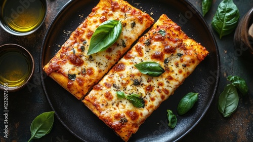 Freshly baked cheese pizza with basil served on a rustic table setting
