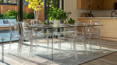 Elegant modern dining room with glass table and unique seating arrangement in...
