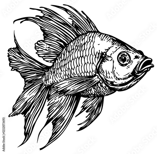 Timeless Tropical Fish Silhouette Capturing Nature in Black and White, Transparent Background, Sketch