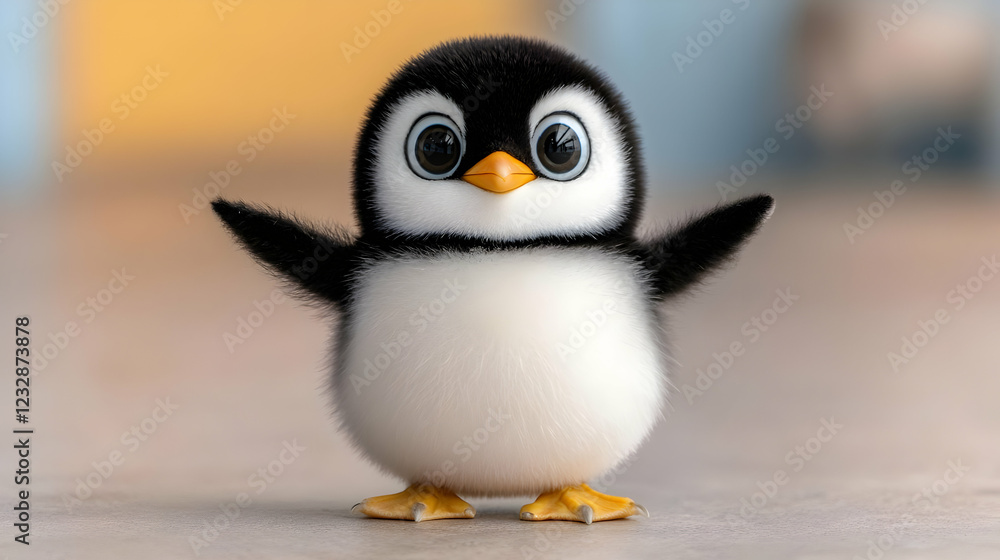 Obraz premium Cute penguin chick, happy pose, blurred background, children's book illustration