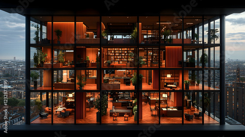 Night view of a modern office building's interior, showcasing multiple floors with various workspaces and plants.