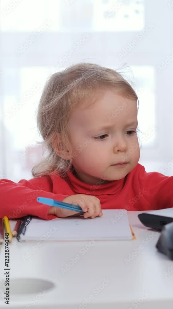 Vertical video. Cute baby girl focuses intently on taking notes with colorful pencils and pens near laptop Creative freelance work or education environment Vertical video. Cute baby girl focuses intently on taking notes with colorful pencils and pens near laptop Creative freelance work or education environment