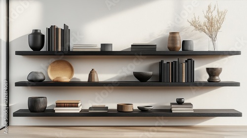 Stylish modern shelving unit with decorative plants and cushions in contempor...