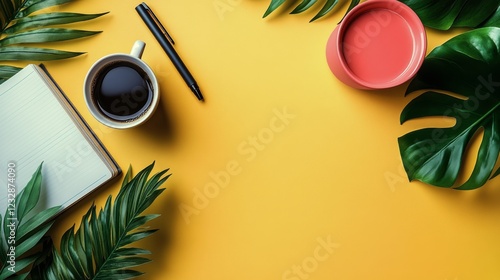 Coffee and notebook on a rustic wooden table in a cozy workspace during morni...