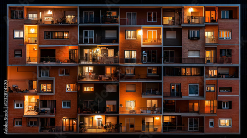 Night view of apartment building interiors illuminated.