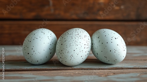 Colorful speckled eggs arranged on a rustic wooden surface against a textured...
