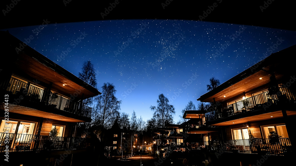 Night view of illuminated modern cabins under a starry sky. Night view of illuminated modern cabins under a starry sky.