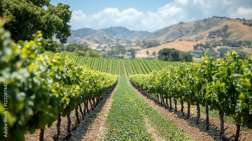 Fototapeta premium Vineyard rows leading to distant mountains under a sunny sky.