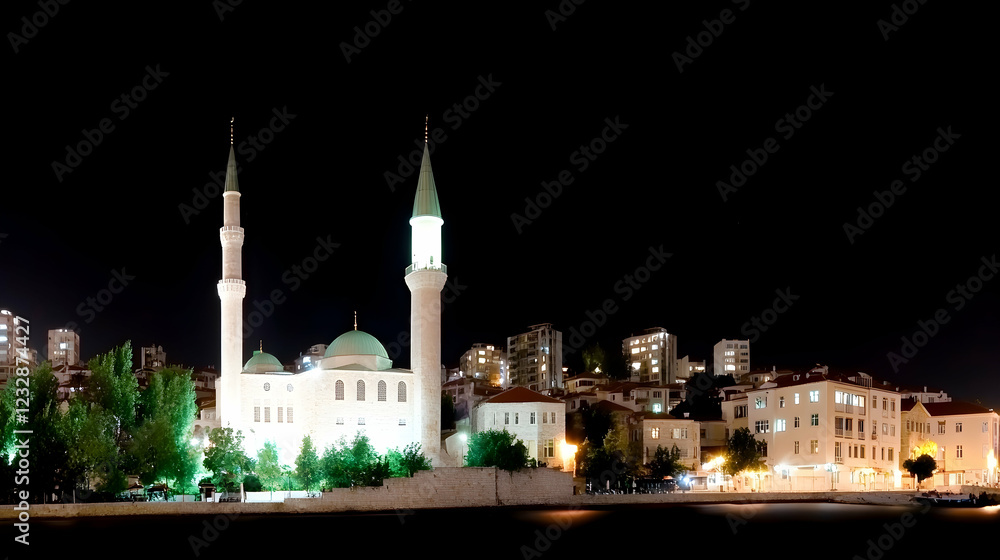 Naklejka premium Night view of illuminated mosque and city skyline.