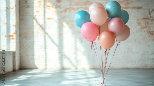 Colorful balloons in a bright, minimalistic interior setting during daylight ...