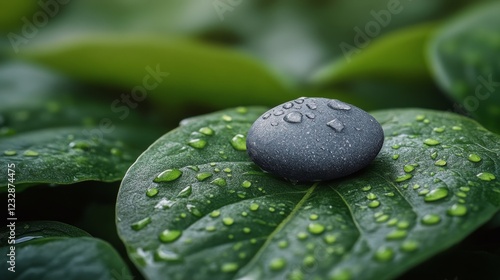 Elegant black stones and a fresh green leaf with water droplets showcasing na...