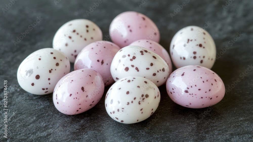 Pink and white speckled Easter eggs on dark surface Pink and white speckled Easter eggs on dark surface