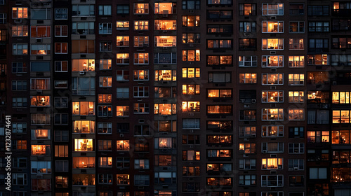 Night view of illuminated windows in a high-rise apartment building.