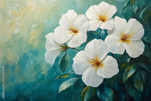 Elegant white lilies against a turquoise background in vibrant floral artwork