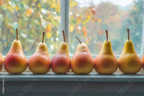 Vibrant pears lined up on a windowsill during autumn light
