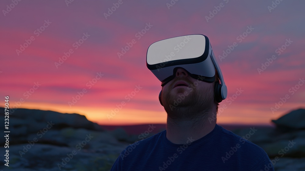 A person immersed in virtual reality, with sunset hues in the background, highlights the intersection of technology and the beauty of natural landscapes. A person immersed in virtual reality, with sunset hues in the background, highlights the intersection of technology and the beauty of natural landscapes.
