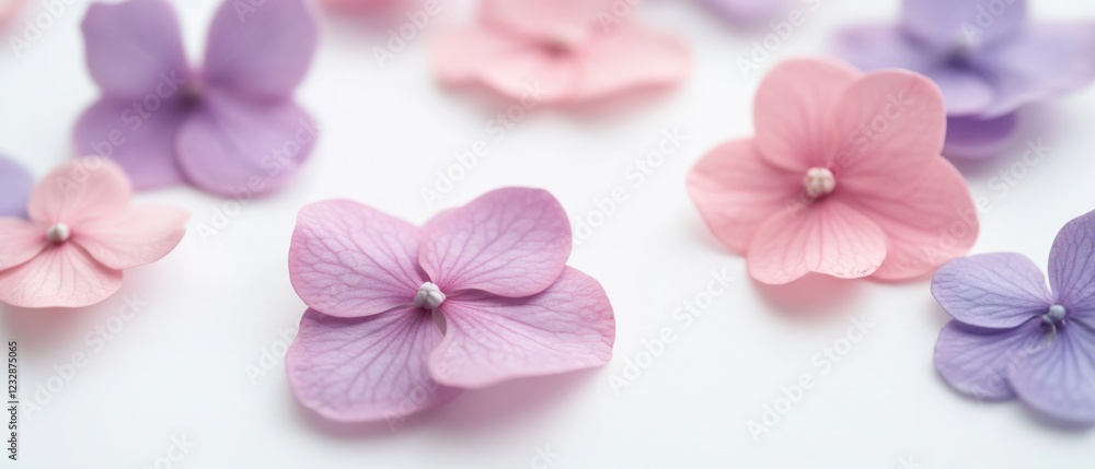 pastel pink and purple hydrangea flower petals on a white background pastel pink and purple hydrangea flower petals on a white background
