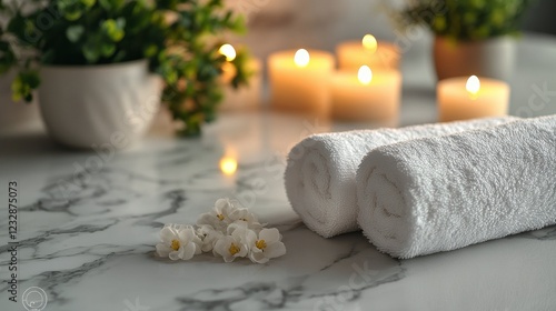 Soft white towels arranged on a marble table beside candles and green plants ...