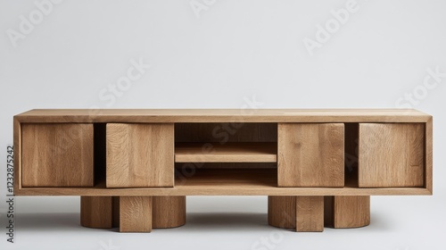 Natural wood and ceramic decorative pieces arranged on sleek shelves in a mod...
